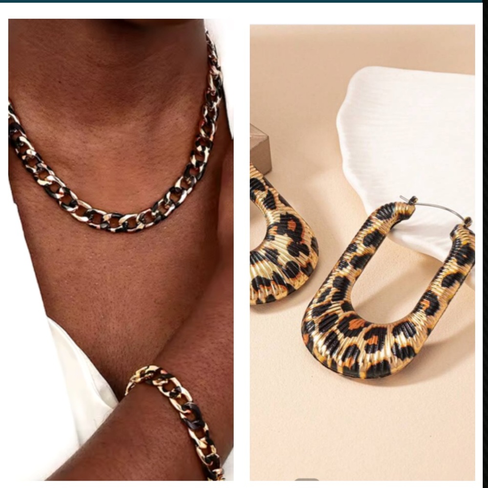 Geometric Exaggerated Leopard Print U-Shaped Necklace Earrings Bracelet